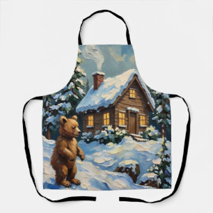 Tablier Ours en peluche vintage à la cabane de pin enneigé