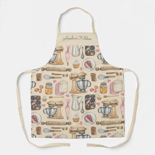 Tablier Outils de pâtisserie à motif aquarelle beige (Recto)