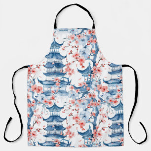 Tablier Pagode Chinoise Bleue Motif Fleur de Cerisier