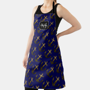 Tablier Paillettes fausses or motif d'ancre bleu marine Mo