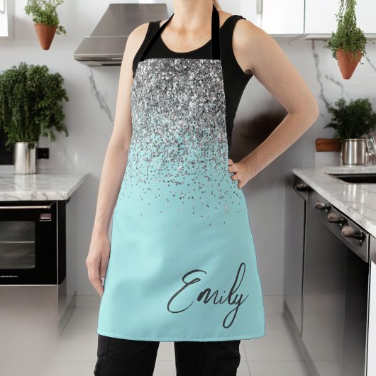 Tablier Paillettes Monogramme Féminin Bleu Aqua Sarcelle