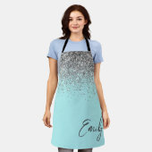 Tablier Paillettes Monogramme Féminin Bleu Aqua Sarcelle (Porté)