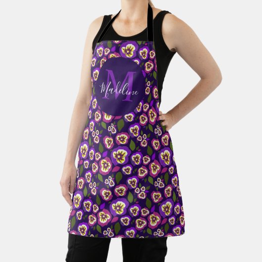 Tablier Pansies florales de fille Motif violet Monogramme (Insitu)