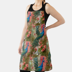Tablier Paon dans un jardin de roses abricot