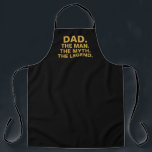 Tablier Papa Homme Mythe Légende Drôle Citation Mens Bbq<br><div class="desc">Ajoutez un peu d'humour à la journée de votre père avec ce papa homme Mythe Légende Drôle Citation Mens Bbq Apron. Il est conçu sur un tablier tout-en-un noir personnalisable. La phrase est "papa l'homme le mythe la légende" dans la typographie de l'or. Fabrique une idée de cadeau pour un...</div>