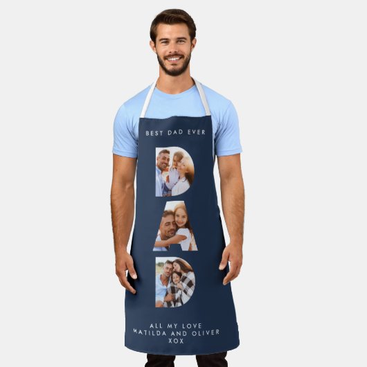 Tablier Papa multi photo typographie moderne marine bleu (Porté)