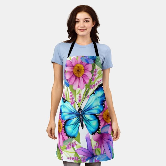 Tablier Papillon bleu dans un champ de fleurs (Porté)