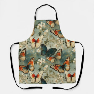 Tablier Papillon orange sarcelle antique Fleur blanche