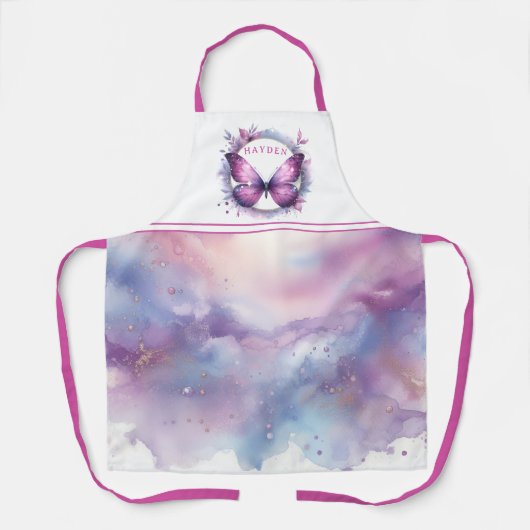 Tablier Papillon Pailleté Violet - Initiale Personnalisée (Recto)