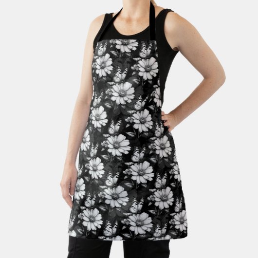 Tablier Papillon sur Motif à fleurs - Noir