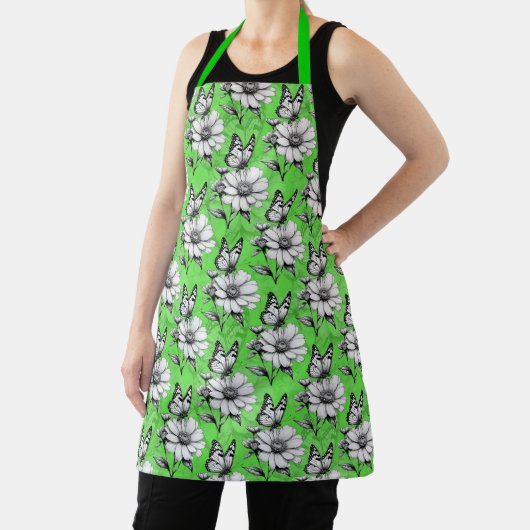 Tablier Papillon sur Motif de fleurs Design vert (Insitu)