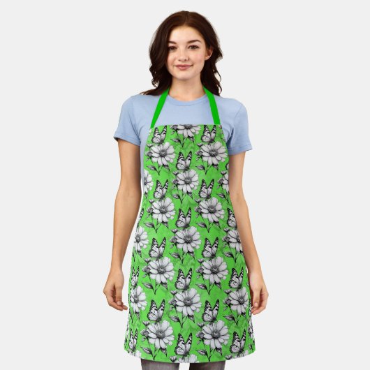 Tablier Papillon sur Motif de fleurs Design vert (Porté)