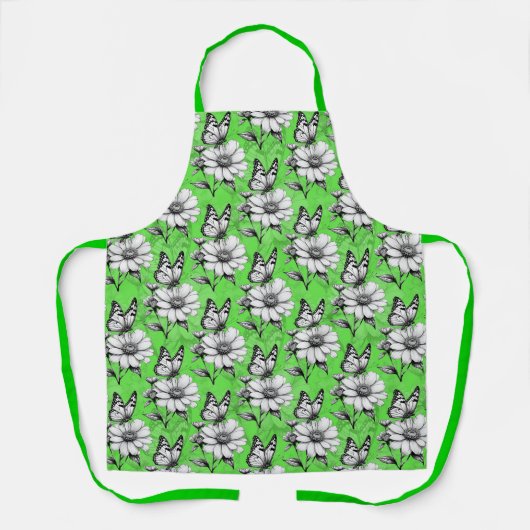 Tablier Papillon sur Motif de fleurs Design vert (Recto)