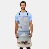 Tablier Parapluies tropicales : blanc, palmier. (Porté)