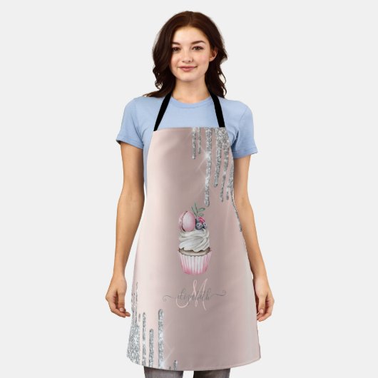 Tablier Parties scintillant argent Rose Monogramme  Cupcak (Porté)