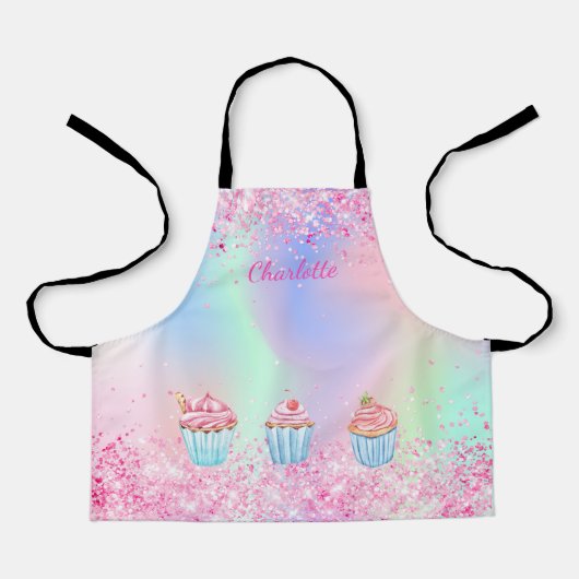 Tablier Parties scintillant de cuisson rose vif nom cupcak (Recto)