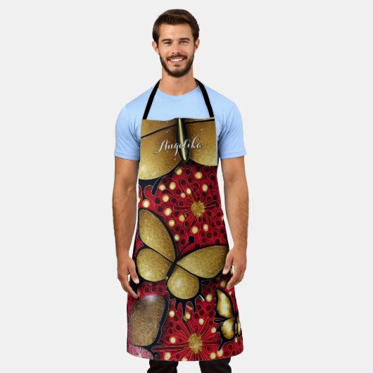 Tablier Parties scintillant en or noir et rouge Papillons (Porté)