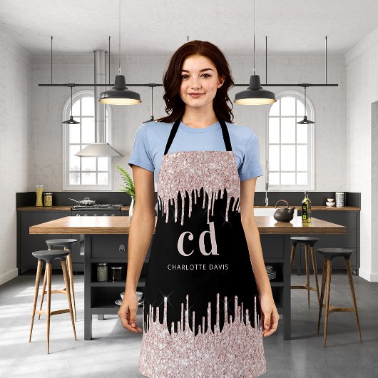 Tablier Parties scintillant noire gouttes rose or monogram