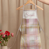 Tablier Pastel Pink & Gold Plaid Custom Name Kitchen Apron