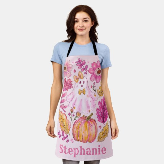 Tablier Pastel Pink Halloween Ghost with Custom Name (Porté)
