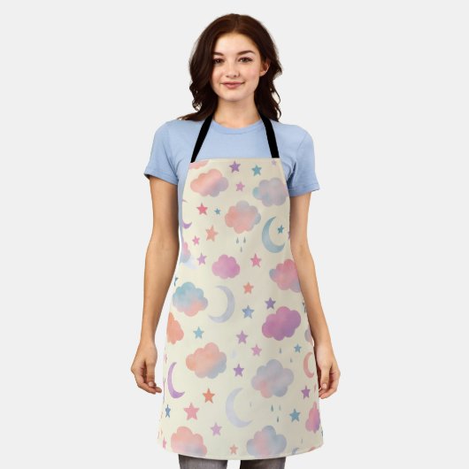 Tablier Pastel Sky Dreams - Motif Lune, Etoiles & Nuages (Porté)