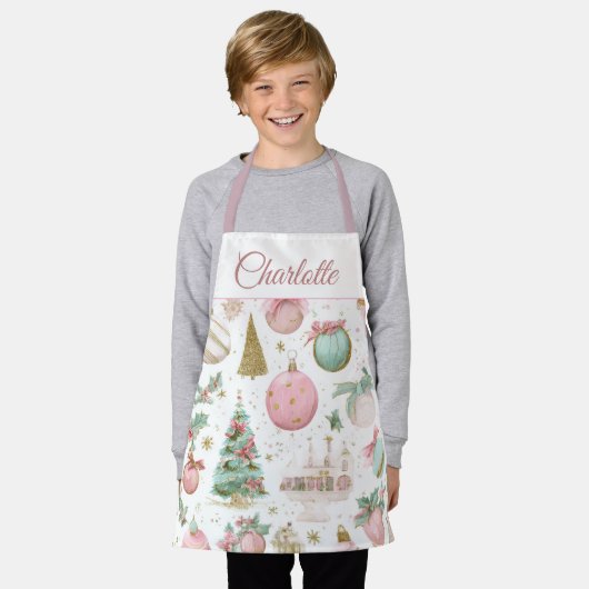 Tablier Pastel Whimsical Christmas Kids Apron Custom Name (Porté)