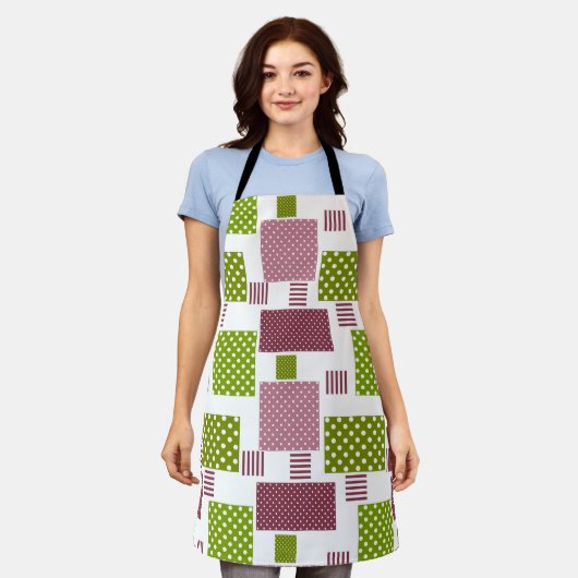 Tablier Patchwork brun vert pois dos blanc (Porté)