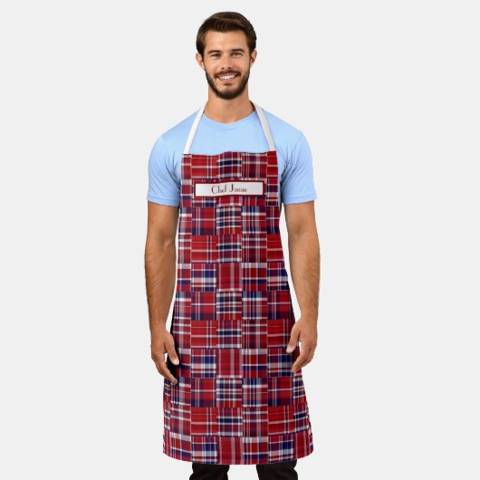 Tablier Patchwork Prépa Madras Rouge Foncé Navy Blanc (Porté)
