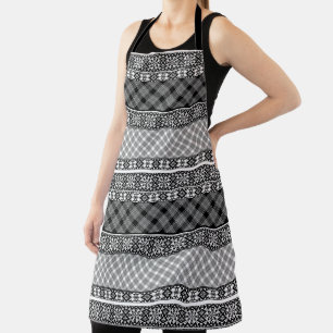 Tablier Patchwork rayé noir et blanc avec dentelle