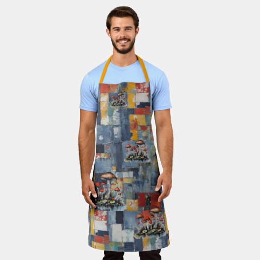 Tablier Patchwork Retro Denim avec Champignons (Porté)