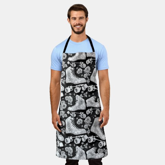 Tablier Patins à rouleaux classiques Fleurs, noir blanc (Porté)