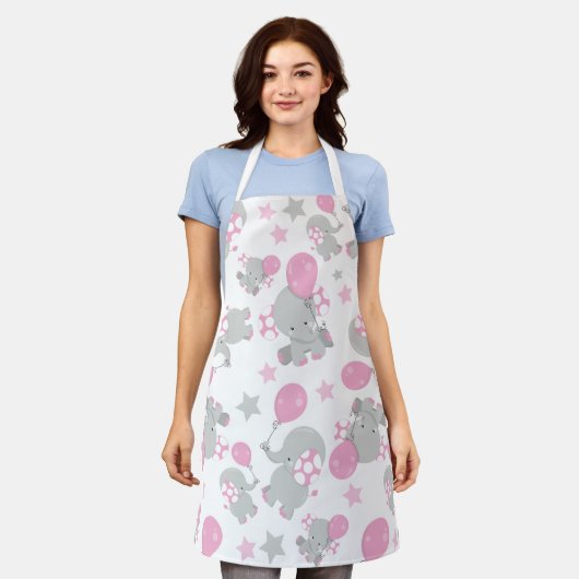 Tablier Pattern of Elephants, Cute Elephants - Pink Gray (Porté)
