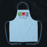 Tablier Peace Love Biology Enseignant Blue Custom Science<br><div class="desc">Un joli cadeau pour un professeur de biologie. Peace Love Biology présente un signe de paix,  un coeur et un microscope pour la classe scientifique.</div>