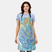 Tablier Pearlescent Aqua & Gold Liquide Marbre & Monogramm (Porté)