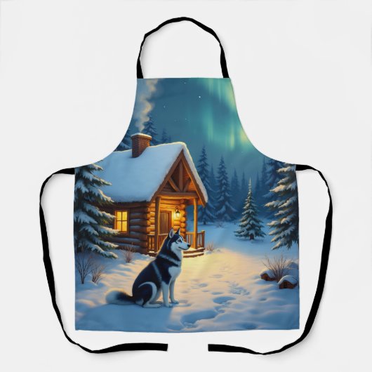 Tablier Peinture de Noël de cabane enneigée avec Husky sib (Recto)