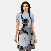 Tablier Peonies noires et blanches Aquarelle Monogramme fl (Porté)