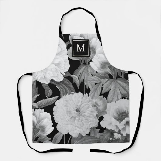 Tablier Peonies noires et blanches Aquarelle Monogramme fl (Recto)
