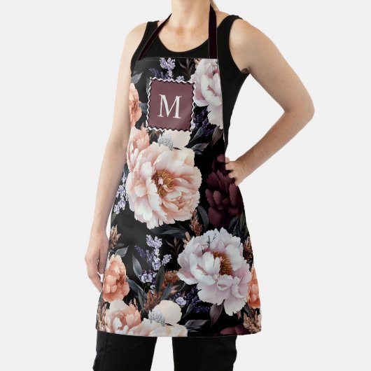 Tablier Peonies sombres Motif floral | Monogramme (Insitu)