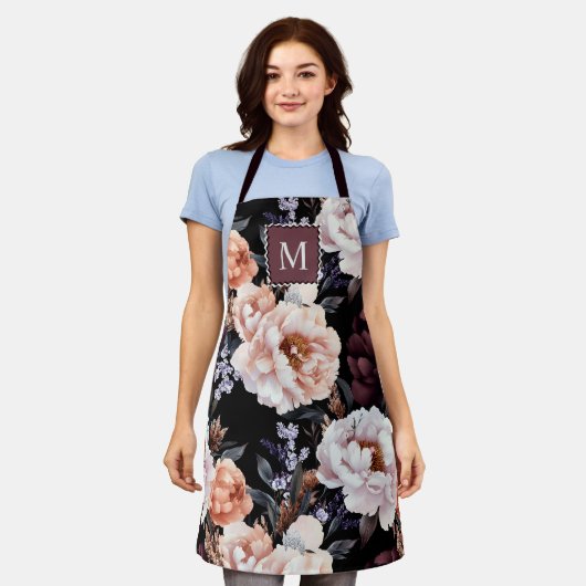 Tablier Peonies sombres Motif floral | Monogramme (Porté)