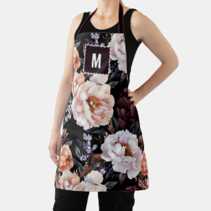 Tablier Peonies sombres Motif floral   Monogramme
