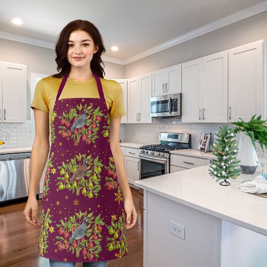 Tablier Perdrix, poiriers et flocons de neige bordeaux