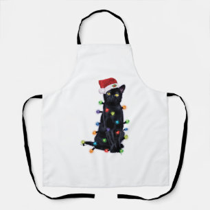 Tablier Père Noël noir chat avec des lumières de Noël