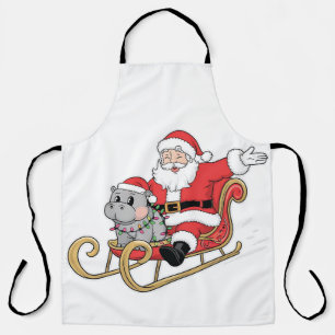 Tablier Père Noël Riding Sleigh avec Moo Deng Baby Hippo