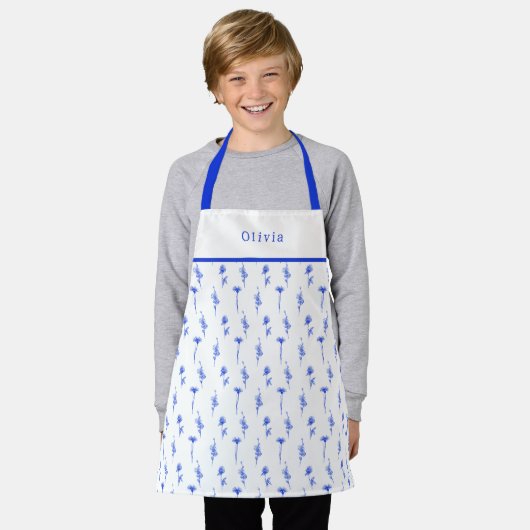 Tablier Personalised Blue Floral Pattern Apron. (Porté)