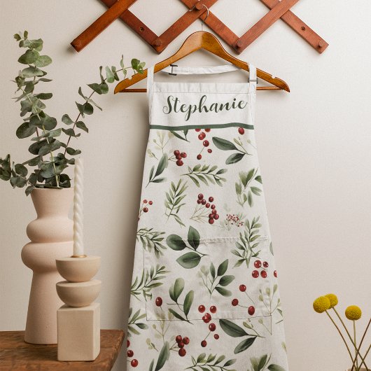 Tablier Personalized Christmas Greenery & Red Berries