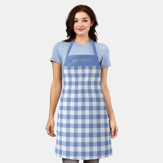 Tablier Personalized Cornflower Blue Gingham Check Pattern (Porté)