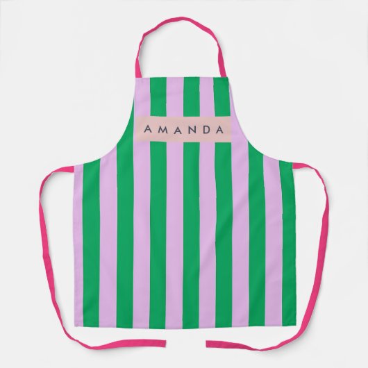 Tablier Personalized Fresh Green and Pink Striped Retro (Recto)