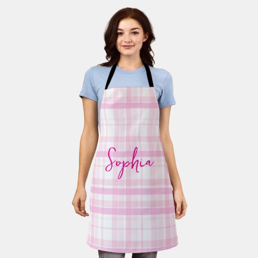 Tablier Personalized Pink Plaid Apron   with Name  (Porté)
