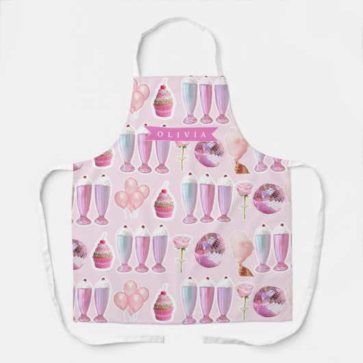 Tablier Personalized Pink Retro Milkshake Cute Coquette (Recto)