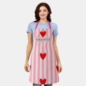 Tablier Personalized Playful Red Heart & Pink Stripe  (Porté)
